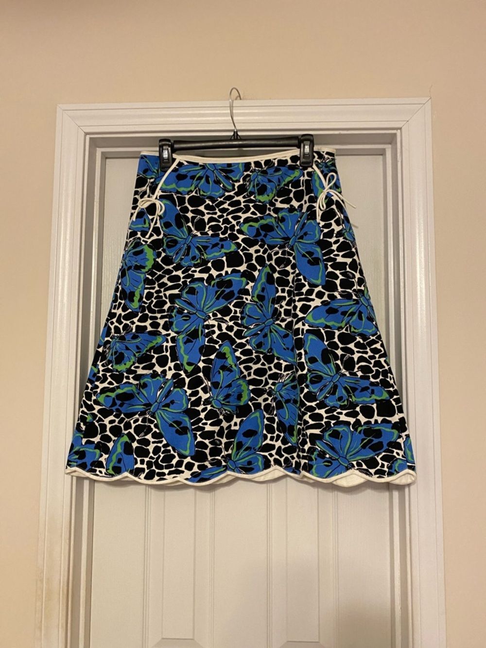 Women’s City SilkBlue Butterfly Print A-Line‎ Skirt with Scalloped Hem size 10
